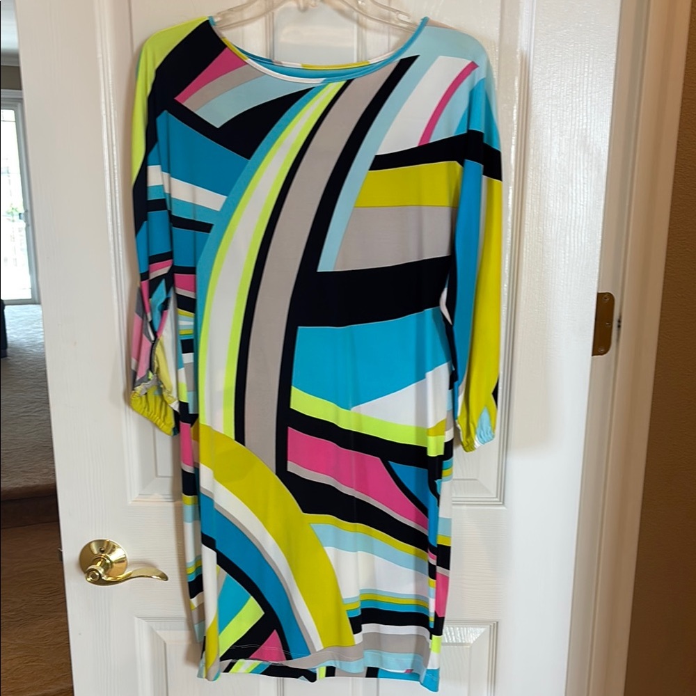 Calvin Klein Blue and Yellow Patterned Dress